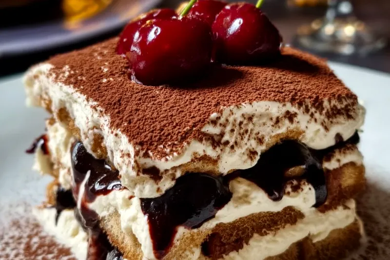 Black Forest tiramisu being assembled in layers, showing the coffee-soaked ladyfingers, mascarpone cream, and cherry compote
