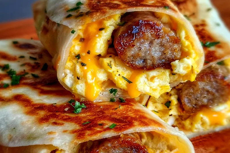 Fresh ingredients for breakfast wraps including eggs, breakfast sausage, flour tortillas, shredded cheese, and diced vegetables on a kitchen counter