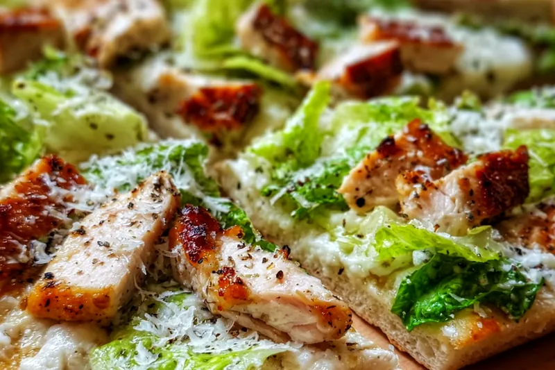 Golden chicken caesar flatbread in the oven showing melted Parmesan cheese and perfectly cooked chicken on a crispy base