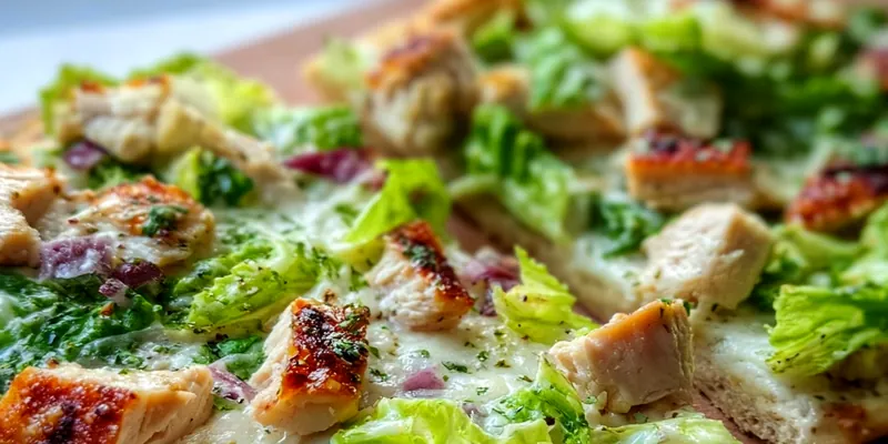 Golden-brown chicken caesar flatbread topped with fresh romaine lettuce, grilled chicken strips, and Parmesan cheese on a wooden cutting board