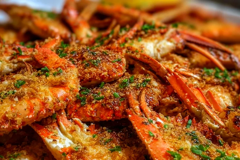 Crab crunchies frying in golden oil, showing the perfect golden-brown color and crispy texture forming