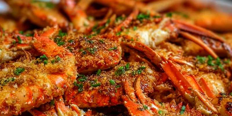 Golden-brown crispy crab crunchies arranged on a white platter with cocktail sauce and lemon wedges, showing the crunchy exterior and tender crab interior