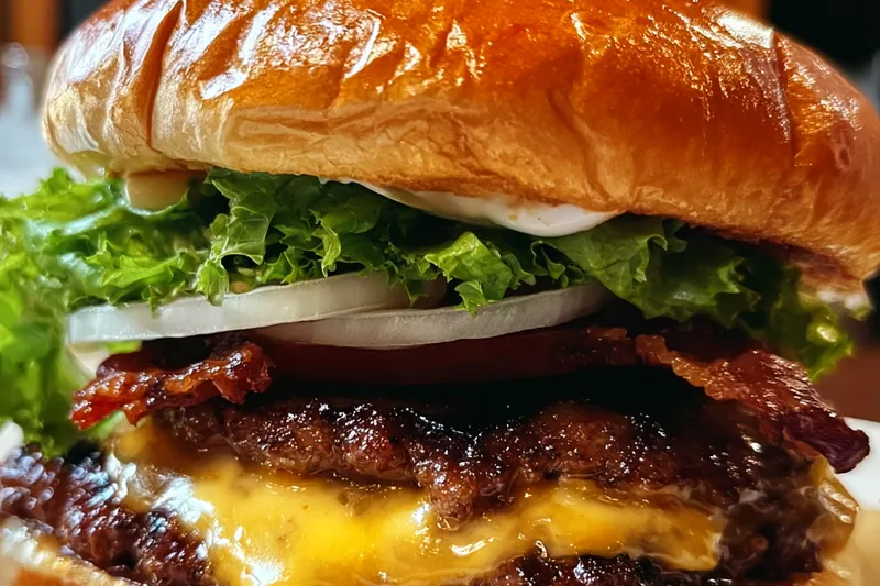 Crack burgers cooking on a hot griddle with caramelized seasoning creating perfect crispy edges and melted American cheese on top