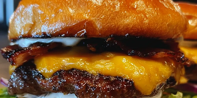 Juicy crack burgers with perfectly melted cheese, crispy bacon, fresh vegetables, and golden-brown seasoned patties on toasted brioche buns