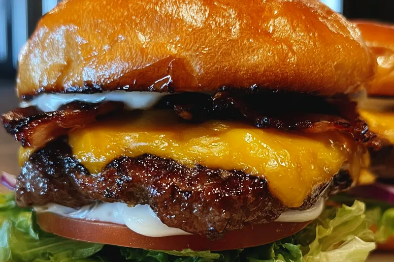 Crack burger ingredients including seasoning blend in a bowl, ground beef, brioche buns, bacon strips, and fresh vegetables on a wooden cutting board