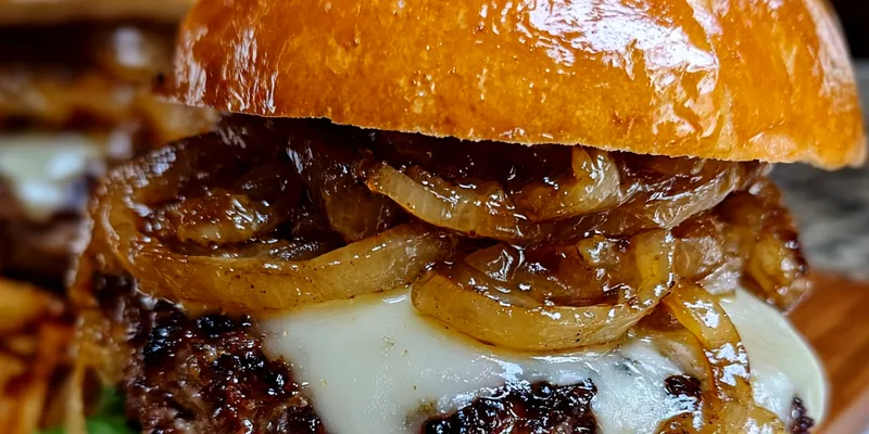 Gourmet French onion burger with melted Gruyère cheese and golden caramelized onions on a toasted brioche bun, garnished with fresh thyme