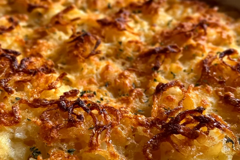 French onion funeral potatoes baking in the oven with golden-brown bubbling cheese and crispy breadcrumb topping