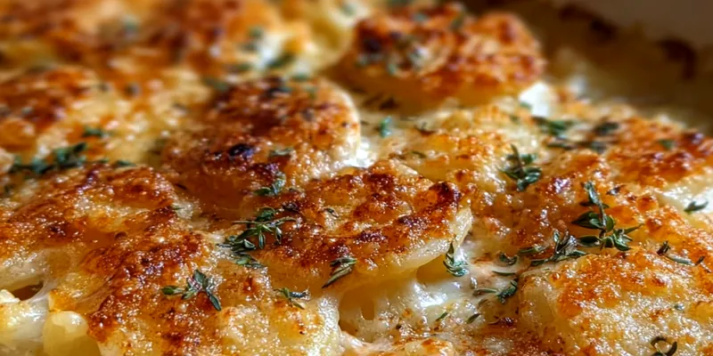 Golden-brown French onion funeral potatoes casserole with bubbling Gruyère cheese, caramelized onions, and a crispy breadcrumb topping in a white baking dish