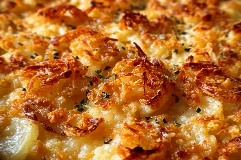 Ingredients for French onion funeral potatoes including sliced onions, hash browns, Gruyère cheese, heavy cream, and fresh herbs arranged on a marble counter