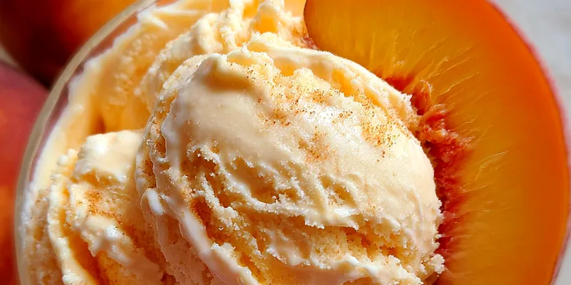 Scoops of creamy peach ice cream with visible peach chunks, garnished with fresh peach slices and mint in a vintage ice cream bowl