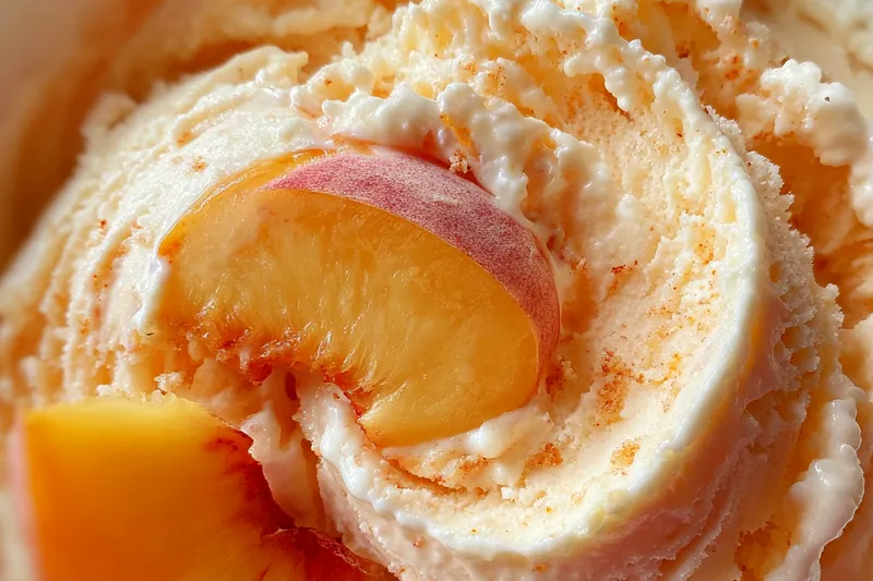 Fresh Georgia peaches, cream, eggs, sugar, and vanilla extract arranged on a marble surface with an ice cream maker bowl