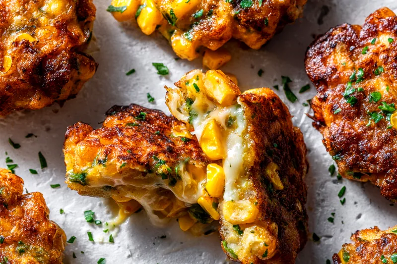 Golden corn fritters frying in bubbling oil in a cast iron skillet, showing perfect golden-brown color and crispy texture