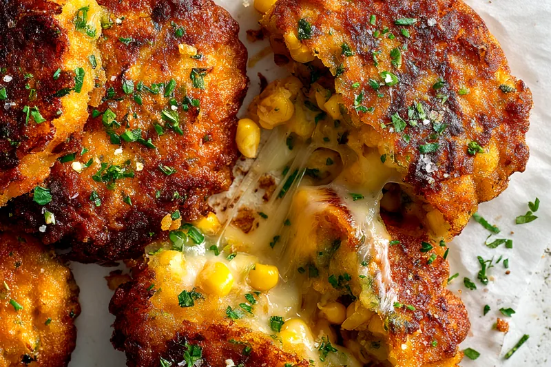 Fresh corn kernels with flour, cornmeal, eggs, buttermilk, and seasonings arranged on a farmhouse kitchen counter