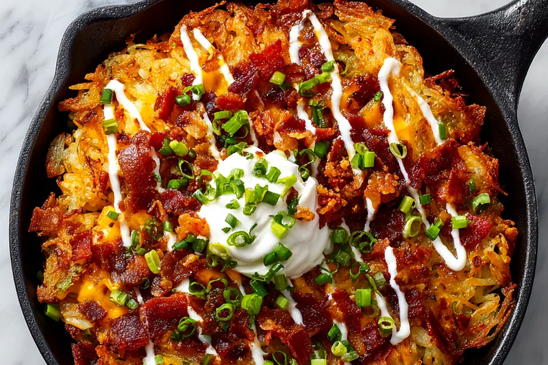 Golden-brown hash browns cooking in a cast iron skillet, showing perfect crispy edges and golden color development