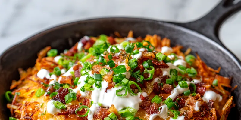 Golden-brown crispy hash browns in a cast iron skillet with perfectly crunchy edges and fluffy interior, garnished with fresh chives