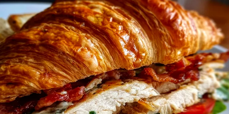 Golden grilled chicken croissant sandwich cut in half showing layers of tender chicken, fresh lettuce, tomato, and cheese on a buttery croissant