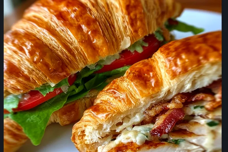 Fresh ingredients for grilled chicken croissant sandwich including raw chicken breasts, croissants, vegetables, and seasonings on a wooden cutting board