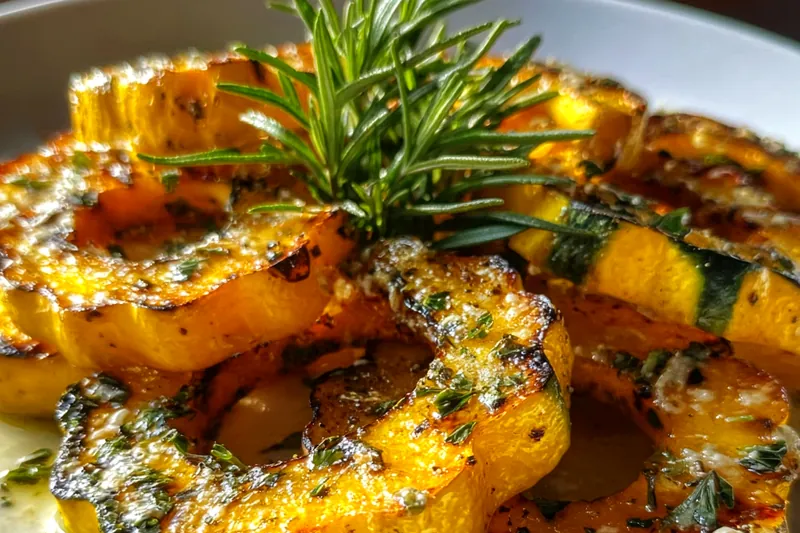 Delicata squash slices roasting in the oven with golden-brown caramelized edges and fresh herbs visible
