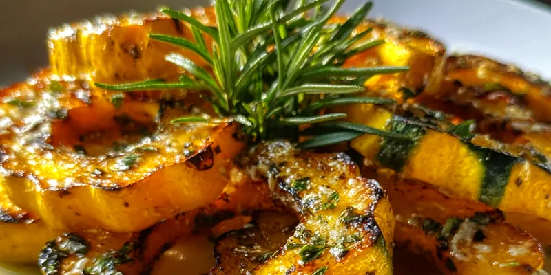 Golden-brown herb roasted delicata squash slices with caramelized edges, garnished with fresh herbs and pine nuts on a rustic wooden platter