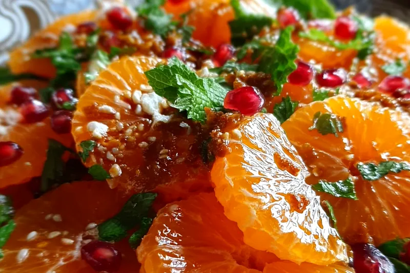 Mandarin orange salad being assembled with greens, oranges, and candied pecans being combined in a large salad bowl