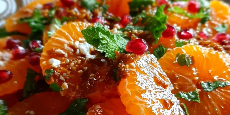 Colorful mandarin orange salad with mixed greens, candied pecans, cranberries, and crumbled cheese, drizzled with poppyseed dressing