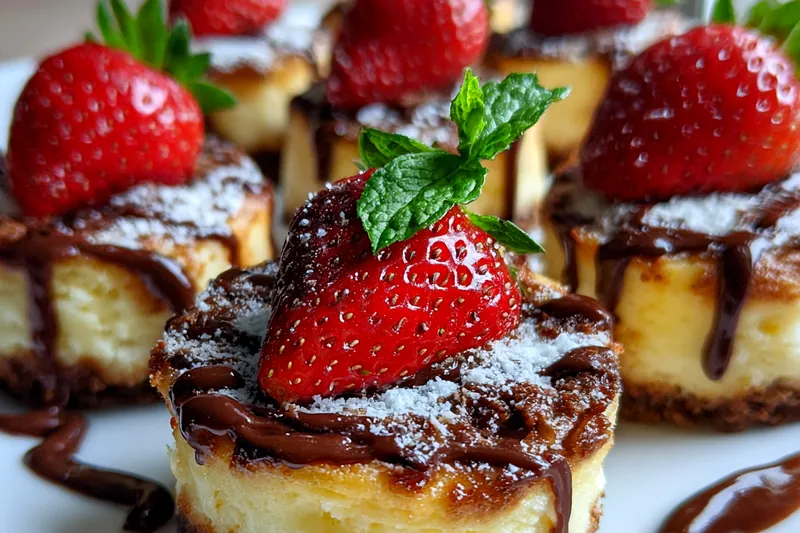 Mini cheesecakes baking in a muffin tin, showing the perfect rise and golden edges