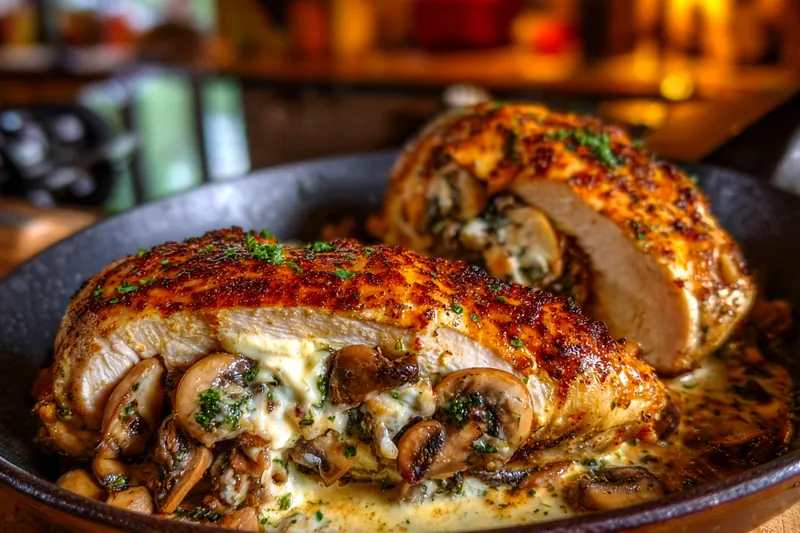 Stuffed chicken breasts searing in a ceramic pan with golden-brown color developing, showing the proper cooking technique