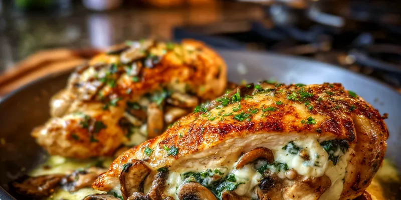 Golden-brown mushroom stuffed chicken breasts in a white ceramic pan, garnished with fresh herbs and showing the creamy mushroom filling