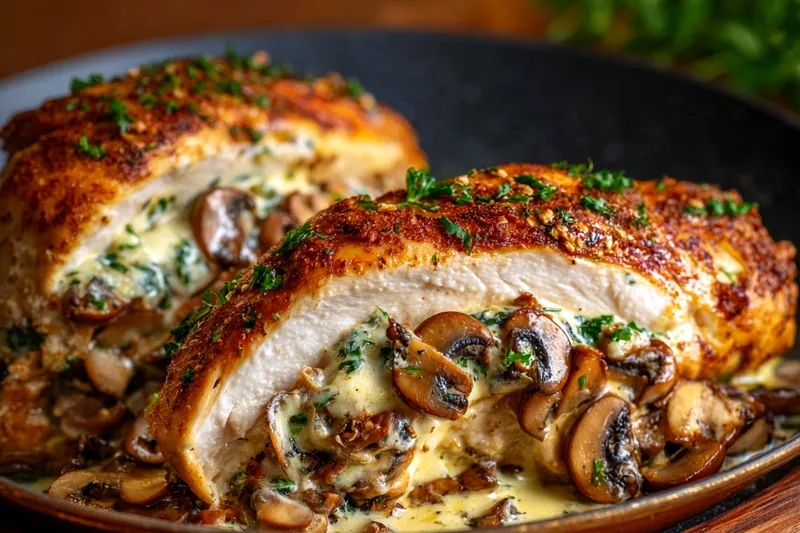 Raw chicken breasts, mixed mushrooms, cream cheese, herbs, and seasonings arranged on a marble cutting board next to a ceramic pan