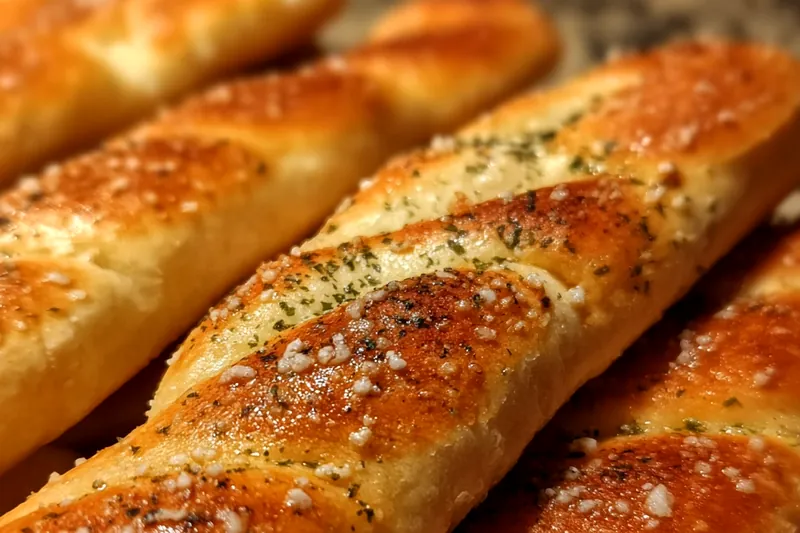 Freshly baked golden breadsticks being brushed with garlic butter mixture, showing the glossy, aromatic coating being applied
