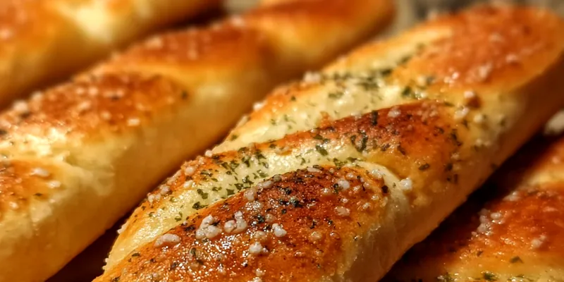 Golden-brown Olive Garden style breadsticks brushed with garlic butter and sprinkled with herbs, arranged on a wooden cutting board