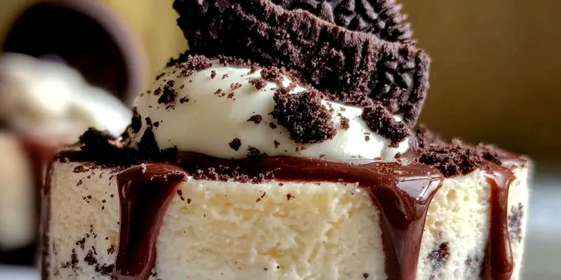 Slice of creamy Oreo cheesecake on a white plate, showing layers of chocolate cookie crust and vanilla filling with visible Oreo pieces