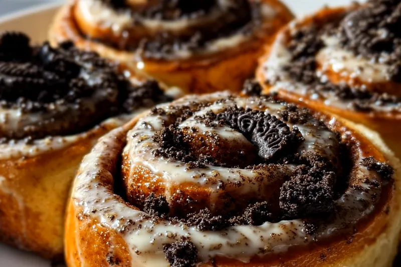 Oreo cinnamon roll dough being rolled out with chocolate cookie filling spread evenly across the surface