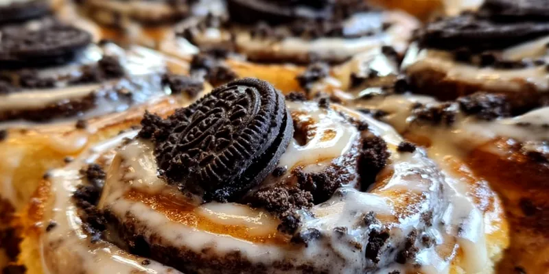 Freshly baked Oreo cinnamon rolls with cream cheese frosting and crushed cookie topping, showing the swirled chocolate filling inside