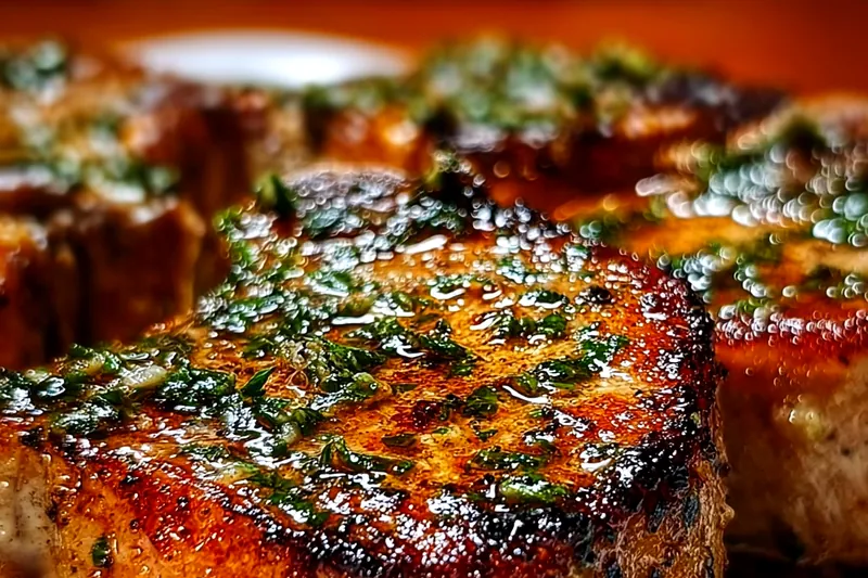 Pork chops searing in a cast iron skillet with golden-brown crust forming, showing perfect cooking technique