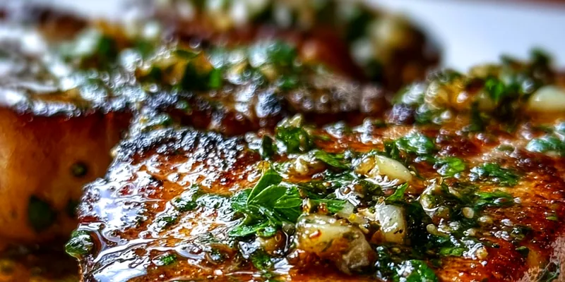 Golden-brown pan-seared pork chops in a cast iron skillet with bubbling garlic butter sauce, garnished with fresh herbs