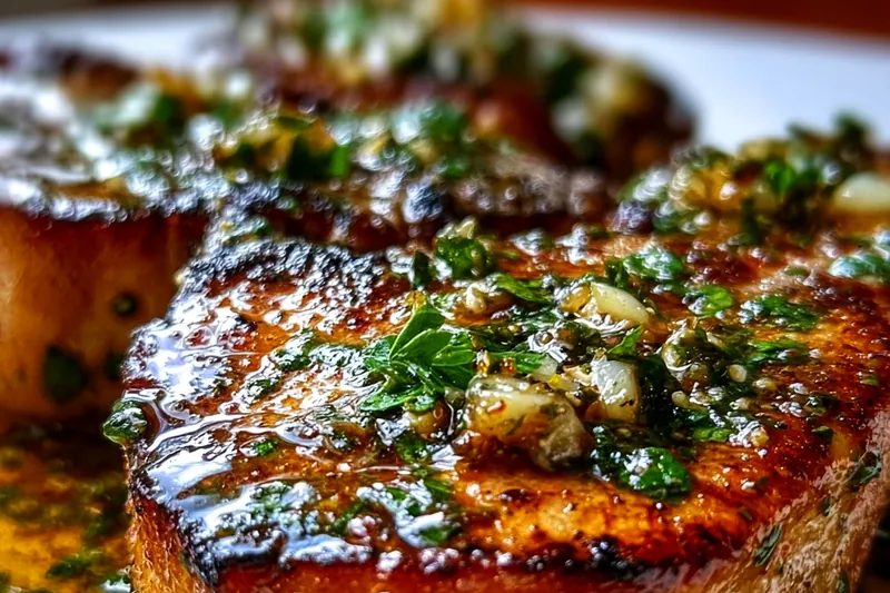 Raw pork chops with seasonings, garlic, butter, and fresh herbs arranged on a wooden cutting board