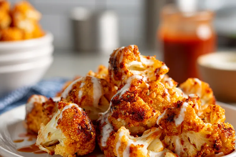 Cauliflower florets being tossed in bright orange buffalo sauce in a large mixing bowl, showing the glossy coating process