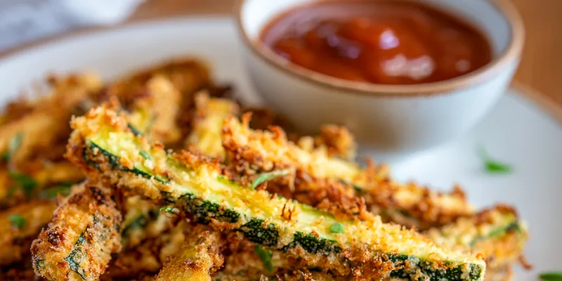Golden-brown sautéed zucchini rounds garnished with fresh herbs, Parmesan cheese, and a sprinkle of red pepper flakes on a rustic ceramic plate
