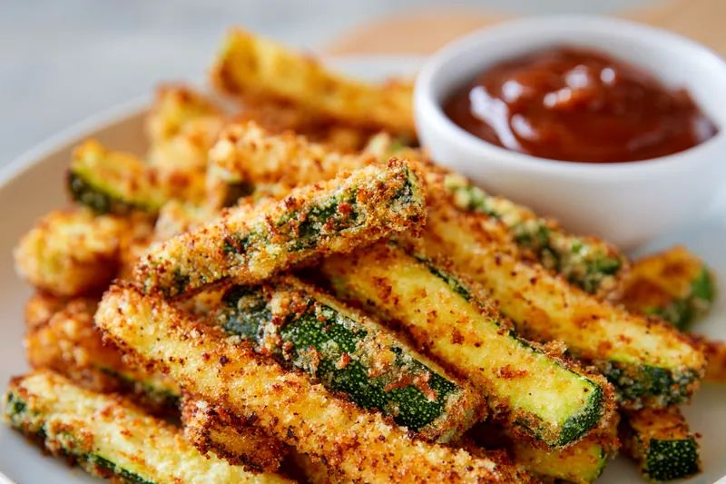 Fresh medium zucchini with olive oil, garlic, herbs, Parmesan cheese, and lemon arranged on a wooden cutting board