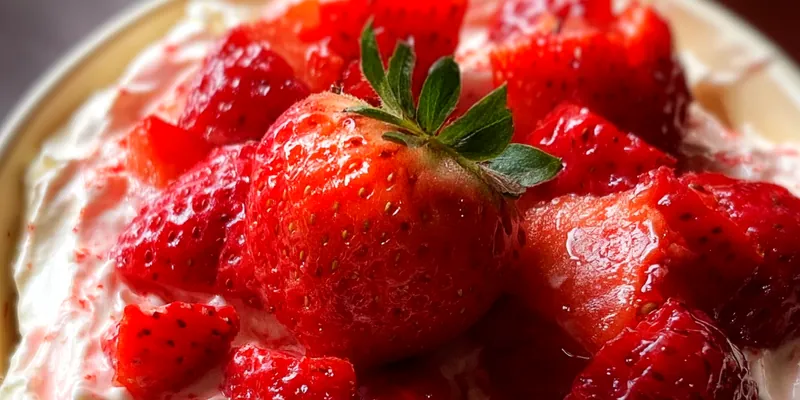 Creamy pink strawberry cheesecake dip in a white bowl, garnished with fresh strawberry pieces and mint, surrounded by graham crackers and fresh fruit