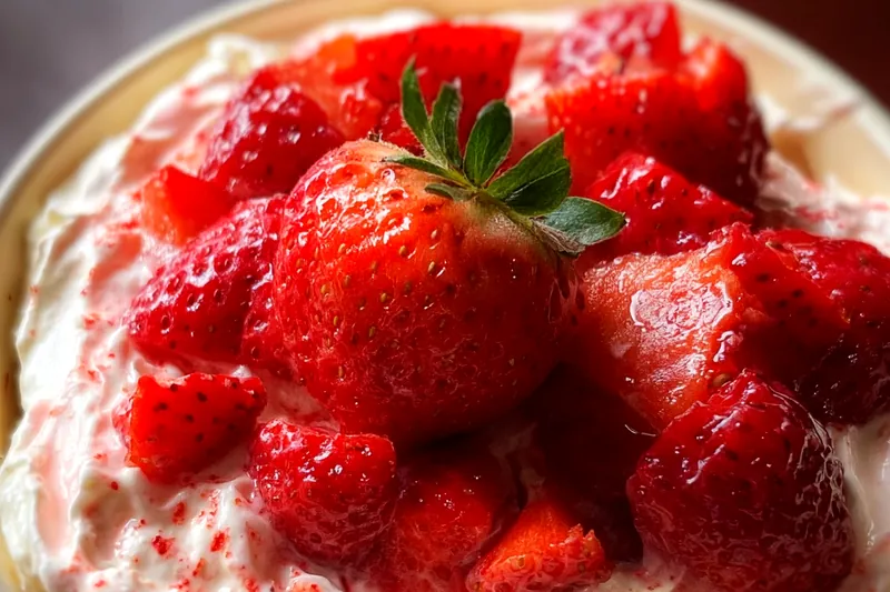 Fresh ingredients for strawberry cheesecake dip including cream cheese, fresh strawberries, powdered sugar, and heavy cream arranged on a white countertop