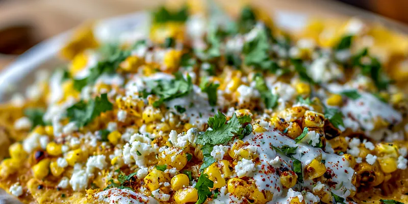 Colorful street corn nachos topped with charred corn kernels, crumbled cotija cheese, lime crema drizzle, and fresh cilantro on a large platter