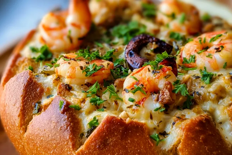 Seafood bread bowls being assembled with creamy filling being spooned into golden-brown hollowed sourdough bread