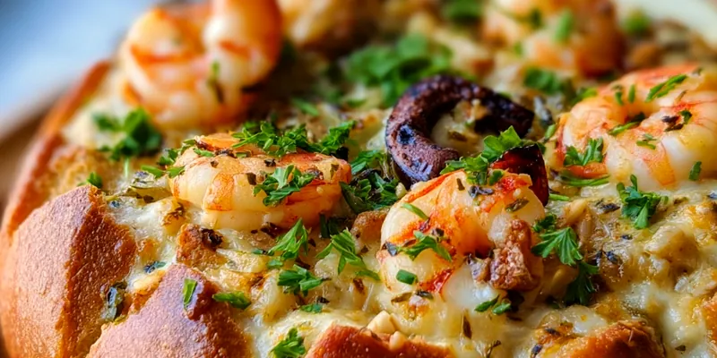 Golden sourdough bread bowl filled with creamy seafood mixture, topped with melted cheese and fresh herbs, steam rising from the filling