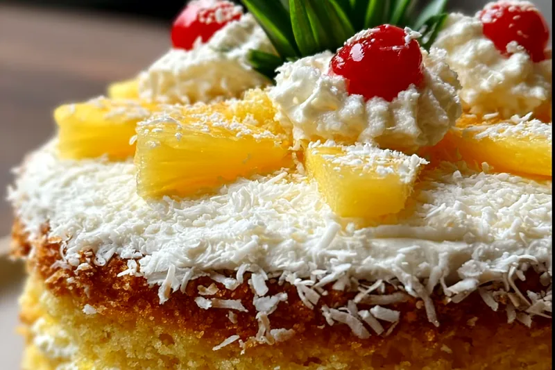 Pineapple heaven cake being assembled with cream cheese frosting being spread between golden cake layers