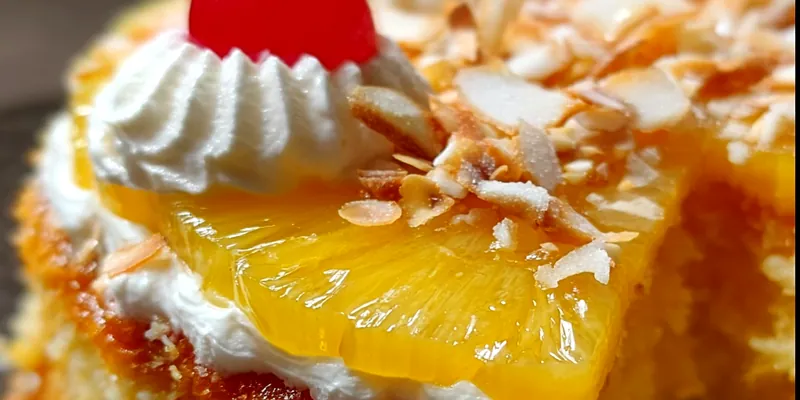 Three-layer pineapple cake covered in cream cheese frosting, topped with toasted coconut, fresh pineapple pieces, and garnished with pineapple wedges