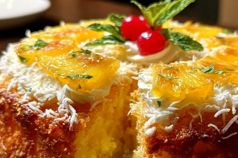 Tropical cake ingredients including fresh pineapple, coconut flakes, cream cheese, and cake batter ingredients arranged on a bright kitchen counter