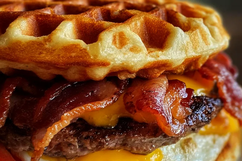 Waffle bacon cheeseburgers being assembled with golden waffles, perfectly cooked beef patties, melted cheese, and crispy bacon strips
