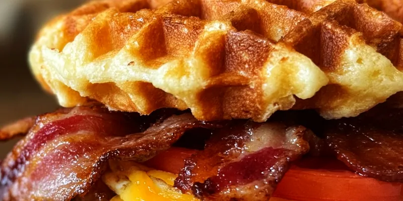 Golden crispy waffles serving as buns for a loaded bacon cheeseburger with melted cheese, crispy bacon, fresh vegetables, and a drizzle of maple syrup